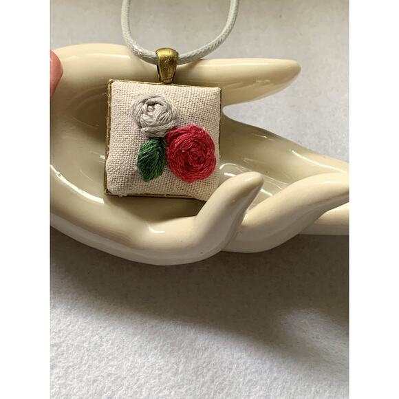 Embroidered Roses Necklace in Square Bezel - Handmade, Handstitched - Picture 5 of 5